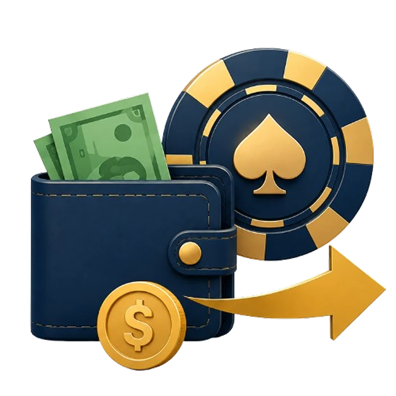 Fast payout wallet with casino chip, cash and gold withdrawal arrow